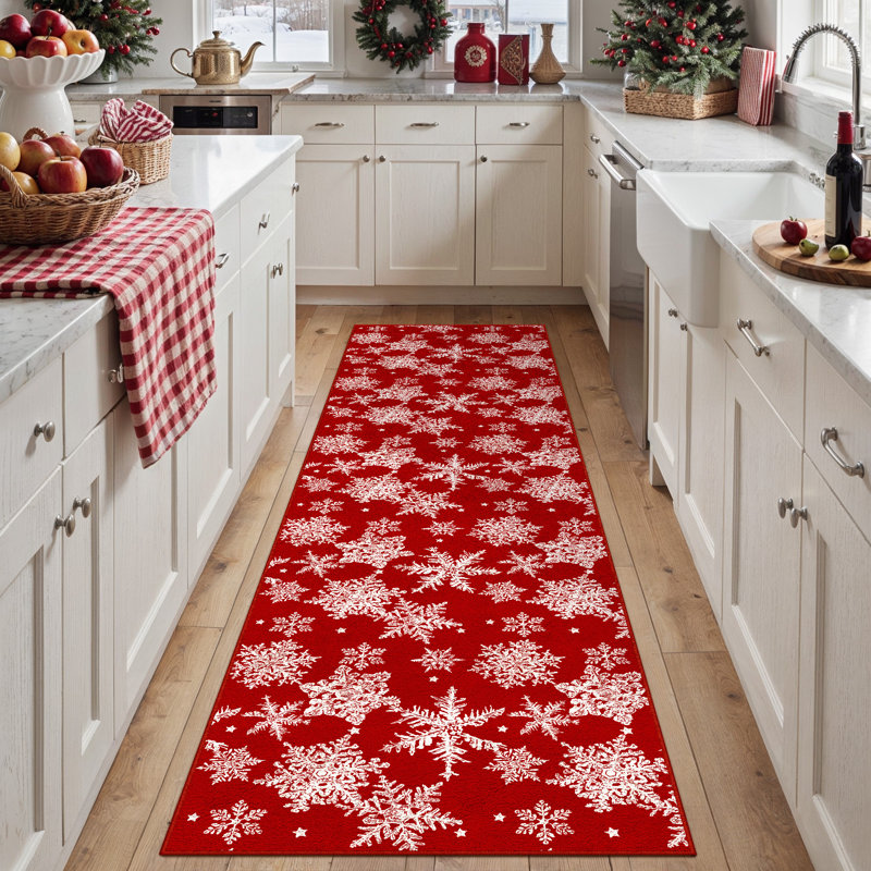 Chamora Washable Christmas Rug with Classic Red and Snowflake Design, Runner 2' x 8'