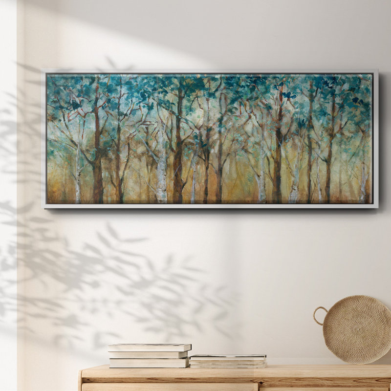 Sunlit Birch Grove- Framed Canvas, 12" H x 30" W