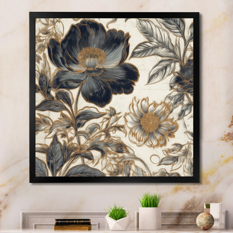 Blue Gold Peony Symphony I, reproduction d'art sur toile, H 24 po x l 24 po x P 1 po, Cadre simple noir