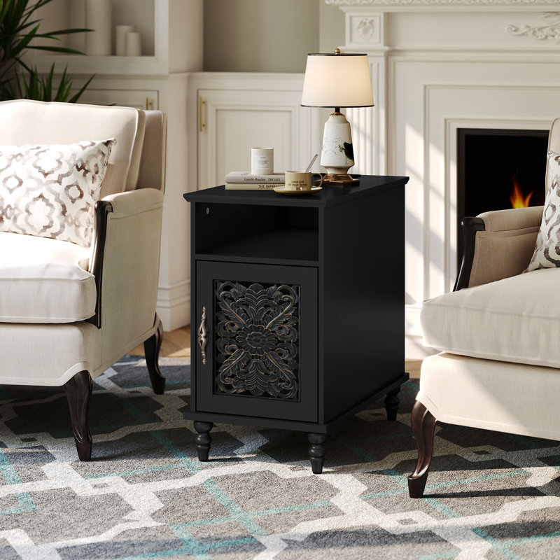 Retro End Table with Hand-Carved Door &Charging Station, Nightstand with cabinet and Shelf, Black