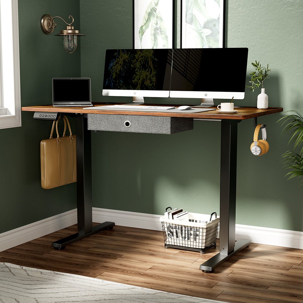 Modern Writing Desk - 40 inch Office Table with Storage and Hooks, Wood Computer Desk for Bedroom, Small Home Office, PC Table Desk, Rust Brown