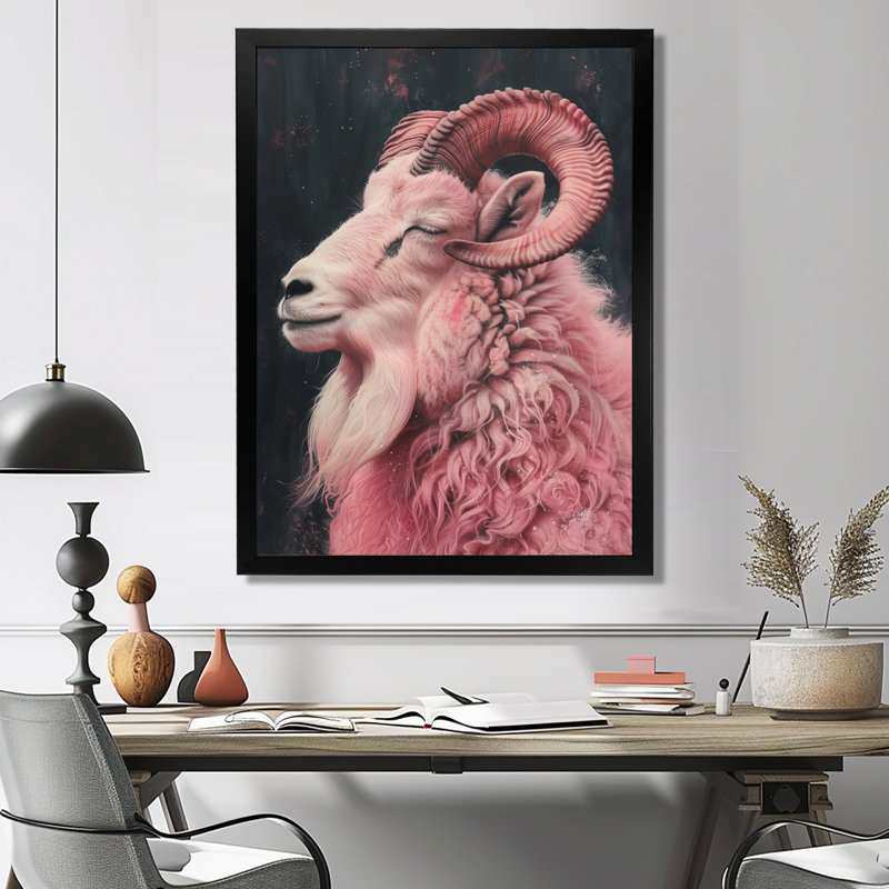Crête de l'astrologie Capricorne II blanc et rose, Cadre flottant brun, H 24 po x l 32 po