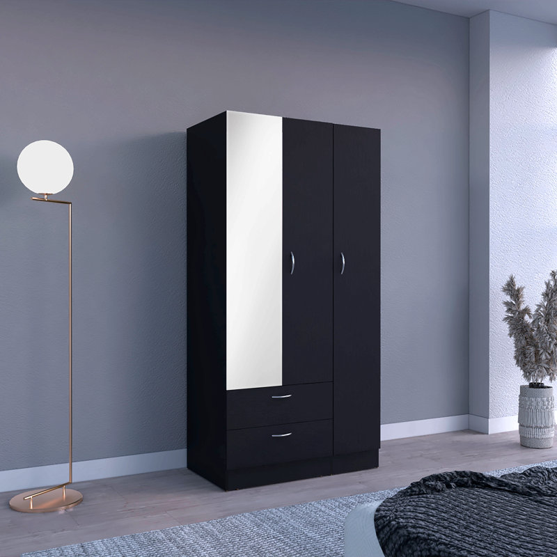 Armoire à miroir 3 portes avec deux tiroirs, quatre tablettes et une tringle de suspension noire, Noir