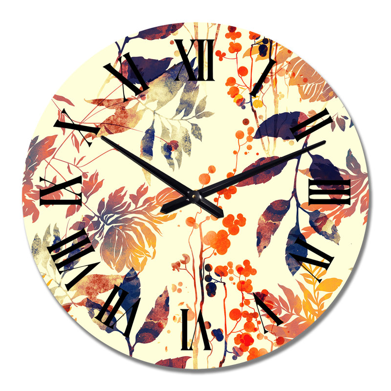 Horloge murale à motif de fleurs et de feuilles abstraites en jaune rétro, Moyen