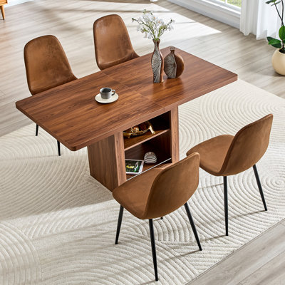 Modern Extendable Walnut Dining Table Set With Storage Base & PU Leather Chairs - Available In 4, 6, Or 8 Piece Sets