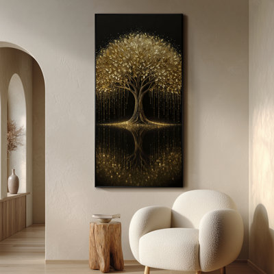 Très grand art mural imprimé sur toile - Arbre de vie doré brillant avec base réfléchissante sur fond noir foncé pour le salon ou la chambre à coucher - «Assemblage requis du cadre (cadre non fini)»