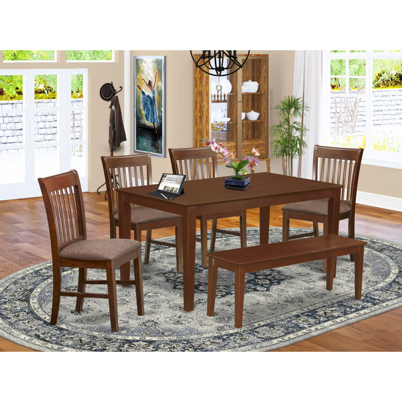 6 Piece Kitchen Table & Chairs Set Contains a Rectangle Dining Room Table and 4 Linen Fabric Dining Chairs with a Bench, 36x60 Inch, Oak