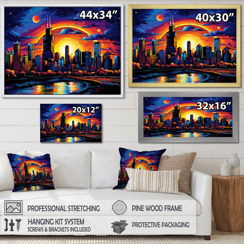 Chicago Popart I sur impression sur toile, Cadre simple noir, H 30 po x l 40 po x P 1,5 po
