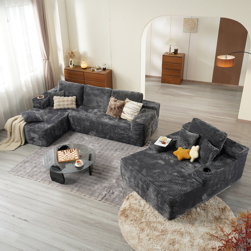 Canapé modulaire en velours côtelé avec causeuse et méridienne 3 pièces sans assemblage Seren, Orienté à gauche (vu de face)