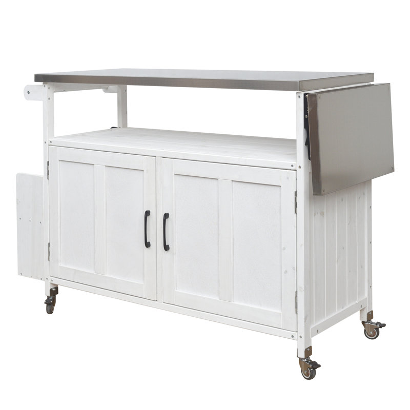 Îlot de cuisine extérieur portatif avec plateau en bois de sapin rouillé et étagère centrale réglable, porte-serviettes de cuisine.