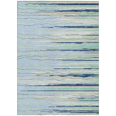 8' X 10' Sky Blue Aqua And Gray Striped Washable Indoor Outdoor Area Rug
