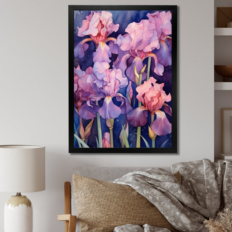 Pétales d'iris roses et bleus III, Cadre photo noir, H 20 po x l 12 po x P 1 po
