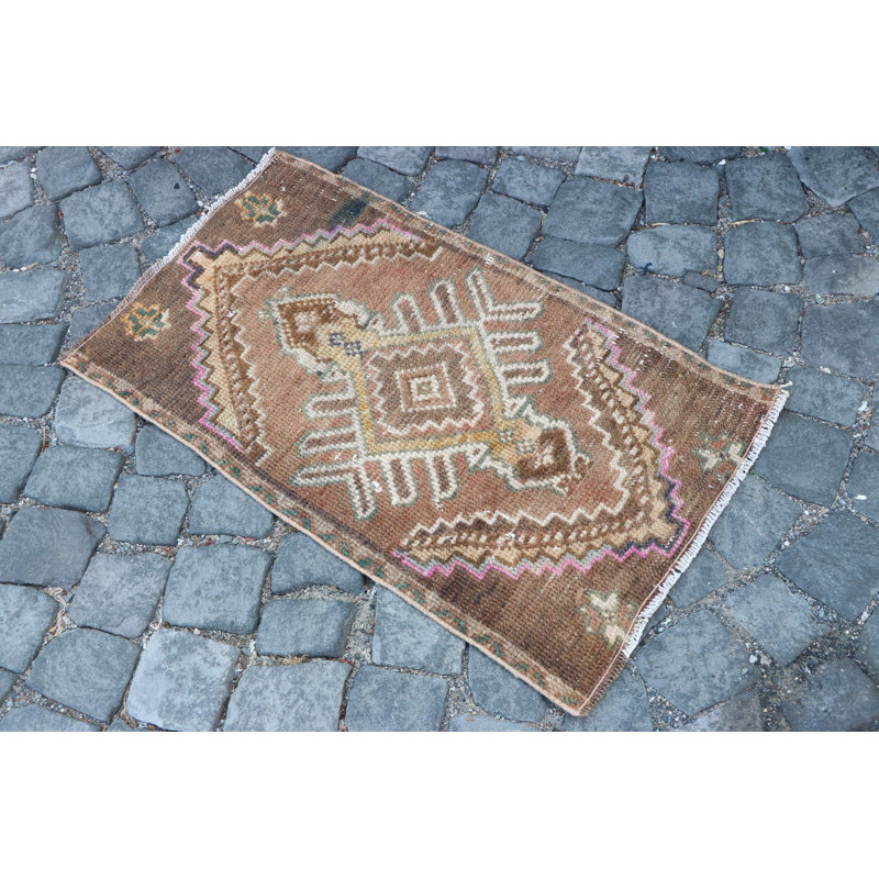 Vintage Turkish Antique Geometric Wool Rug: Perfect for Entryways and Bathrooms