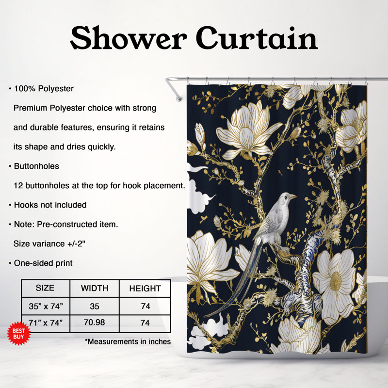Rideau de douche 1 pièce Gold Bird Toile Art, H 74 po x l 71 po