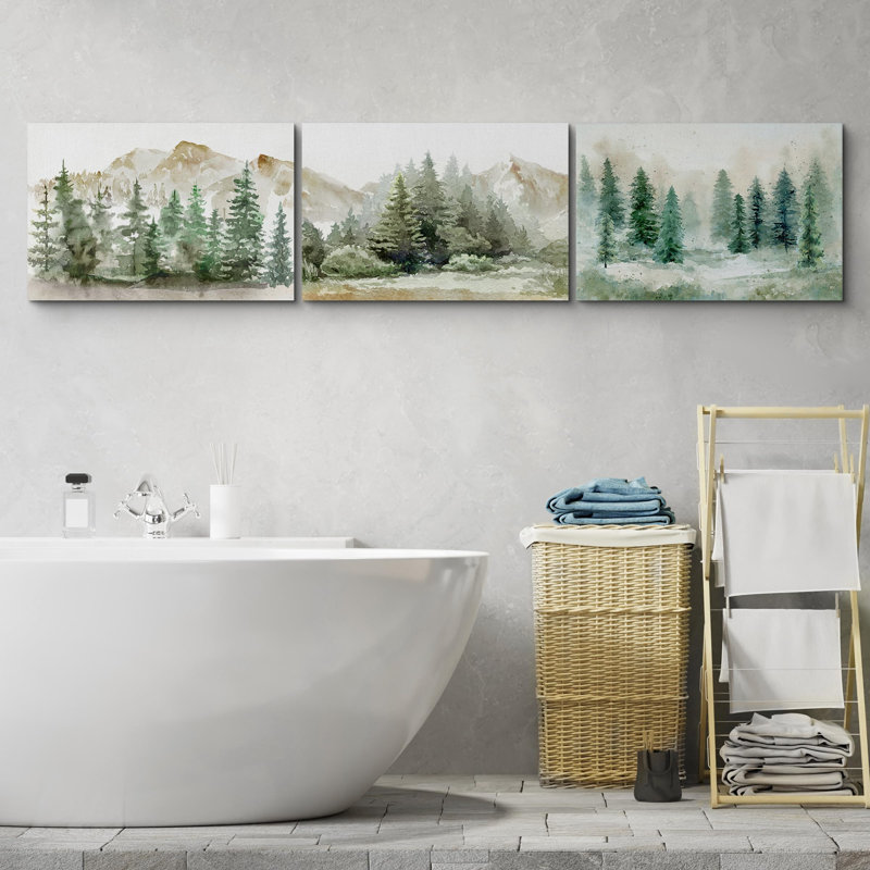 Paysage de forêt Woodland, forêt de pins, nature rétro, paysage de forêt, 3 pièces, Toile tendue, H 16 po x l 24 po