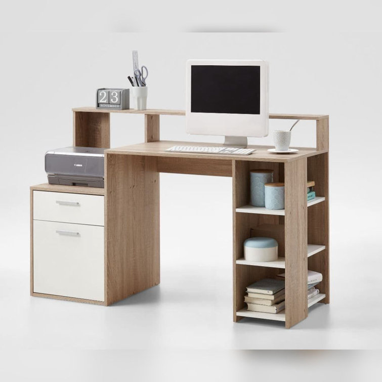 Niva Modern White And Oak Computer Desk With Hutch 138cm Wide Home Office Study Desk With Drawer, Cupboard, And Open Compartments
