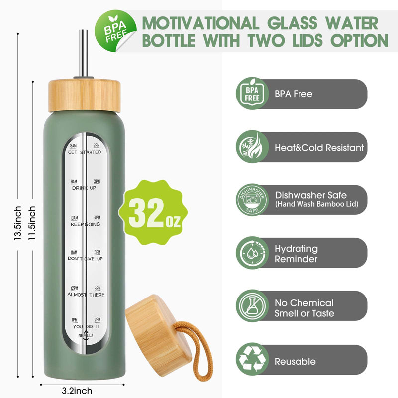 32 oz. LoochMee Bouteille d'eau en verre, Olive