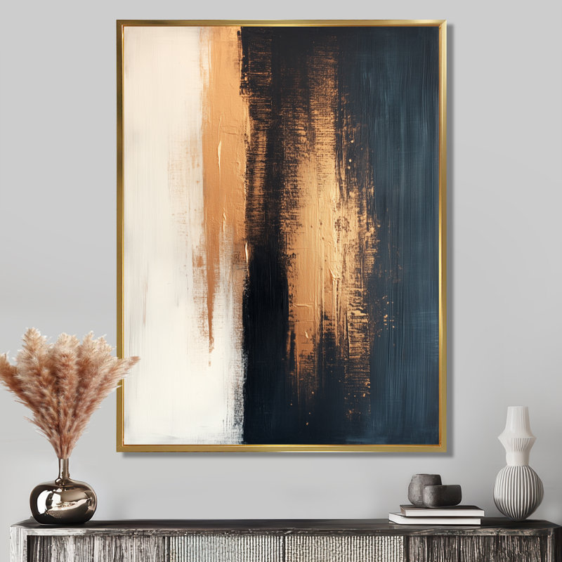 Toile géométrique moderne, art mural beige noir, Barnvale, H 32 po x l 24 po, Cadre flottant doré