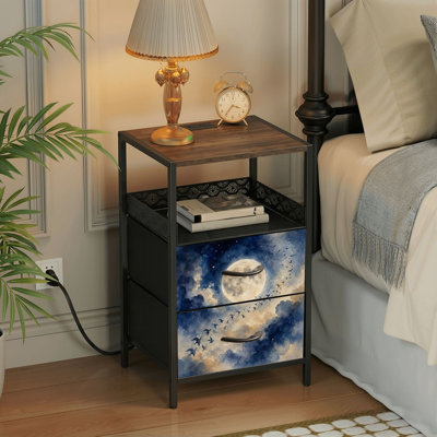 Table de chevet 2 tiroirs avec station de charge, table de chevet pour chambre avec ports USB et amp; Outlets, tablette ouverte noire, table de chevet avec imprimé aquarelle pleine lune oiseaux ciel nuageux