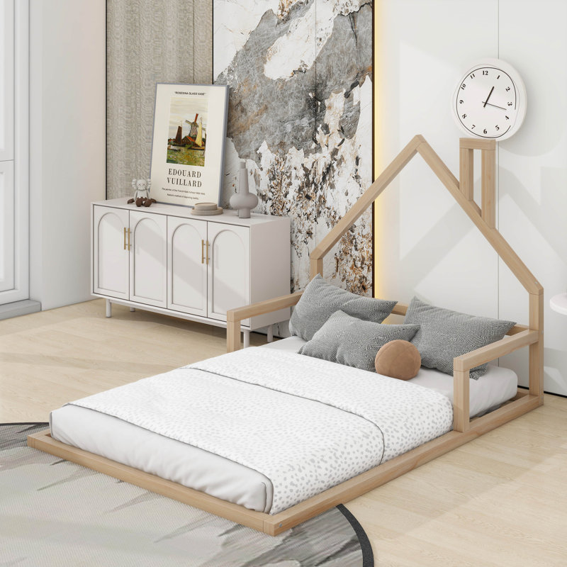 Lit en bois, cadre de lit avec tête de lit en forme de maison, Twin, Natural