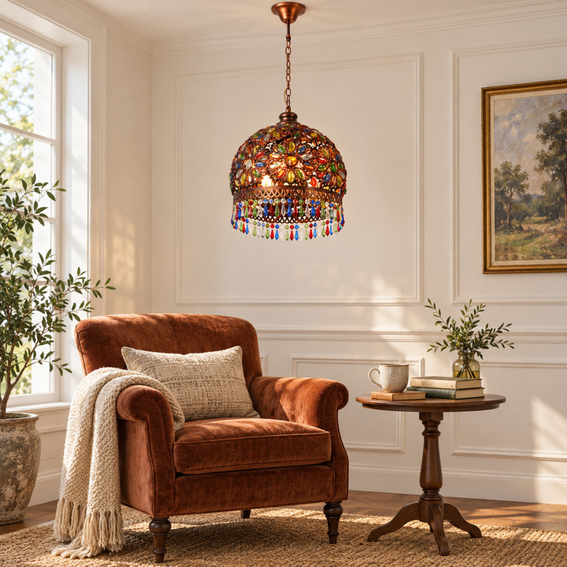 Luminaire suspendu en cristal 3 lumières rétro en cuivre antique rouge vieilli