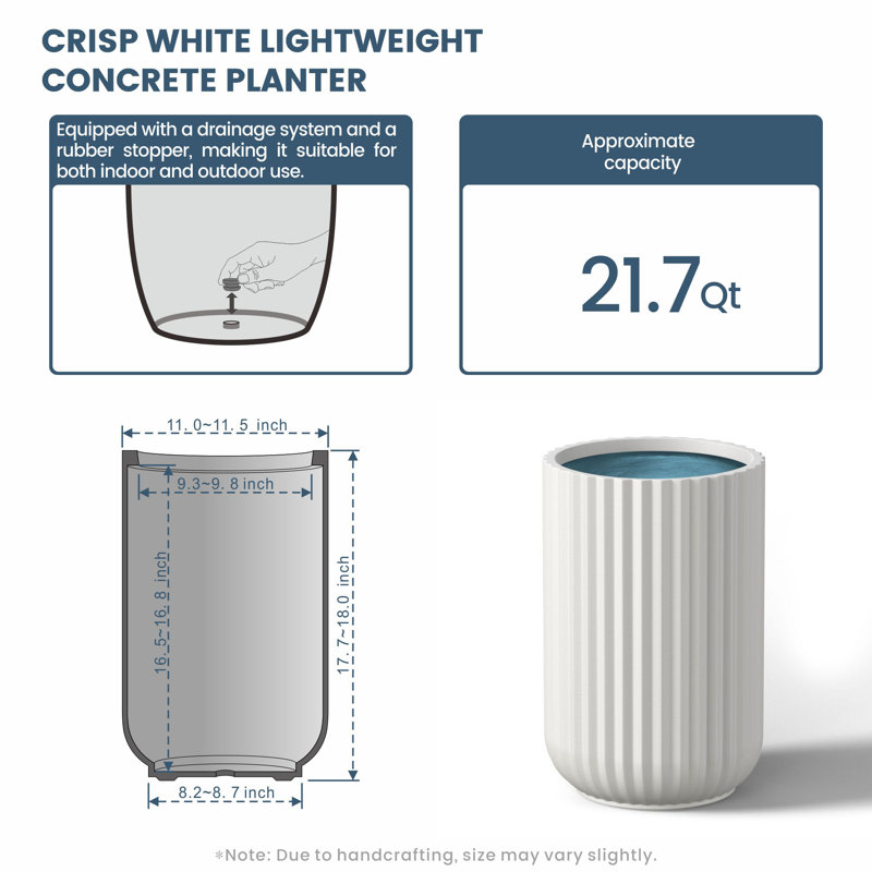 Grand pot / pot rond en béton avec trous de drainage, H 17,72 po x l 11,02 po x P 11,02 po, Blanc vif (intérieur amélioré)