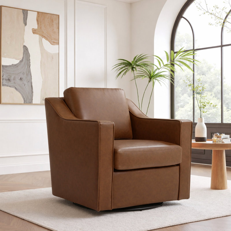 Bronnen Big And Wide Upholstered Coffee Faux Leather Cushion Swivel Armchair with Removable Back and Seat Cushion, Coffee