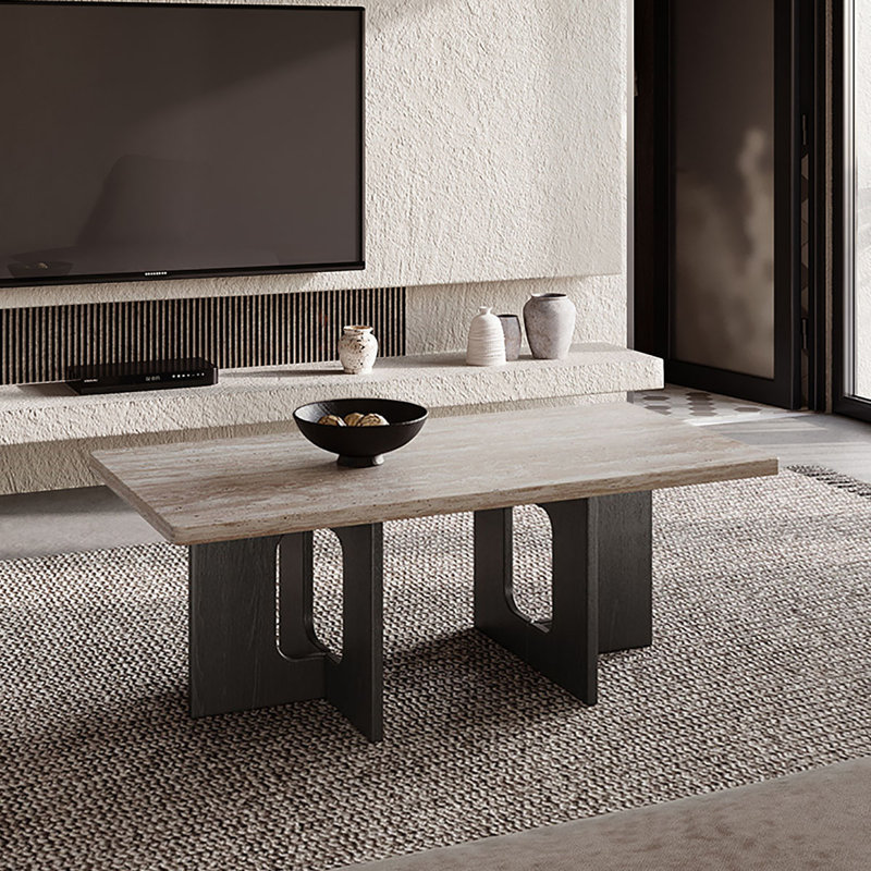 Wabi-sabi Stone Top Single Coffee Table, 17.7" H x 43.3" L x 21.7" W, Black