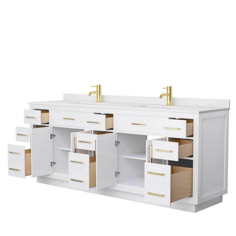 Beckett TK 84'' W Double Vanity, White Cultured Marble, Brushed Gold, White