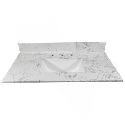 Dessus de meuble-lavabo en pierre Montary blanc nouveau style avec comptoir rectangulaire en céramique encastré et dosseret avec 3 trous pour robinet