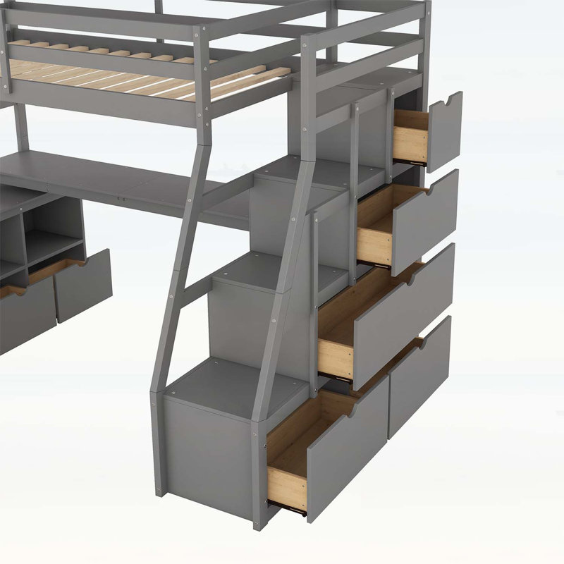 Lit mezzanine simple avec 7 tiroirs, 2 tablettes et bureau intégré - gris, peu encombrant et multifonctionnel, Lit simple