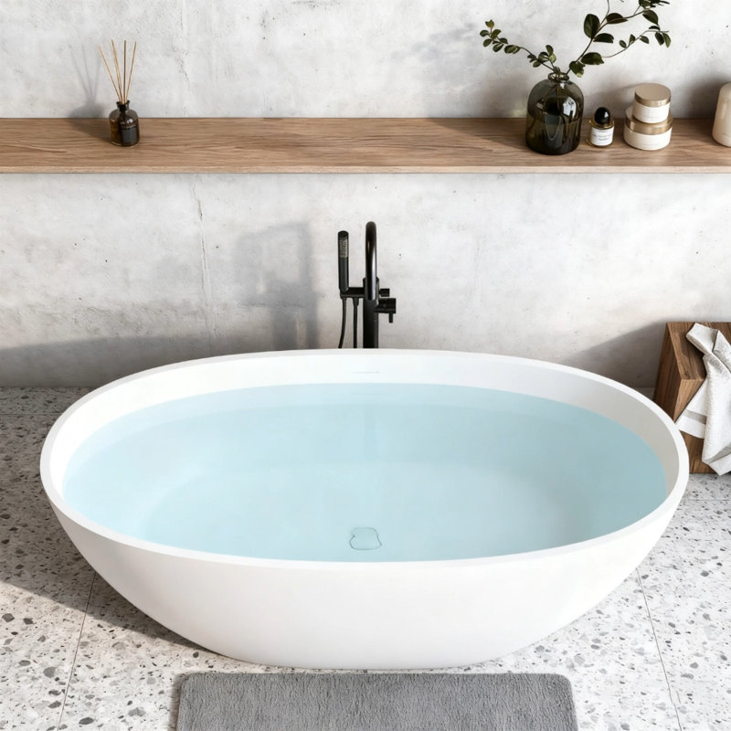 Baignoire de trempage autoportante à surface solide avec bords épais, trop-plein et bonde escamotable en blanc mat