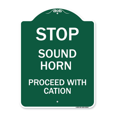 Enseigne Signmission Designer Series - Arrêtez le klaxon avant de procéder avec précaution | Enseigne architecturale en aluminium de gros calibre vert et blanc 18 po x 24 po | Protégez votre entreprise | Fabriqué aux États-Unis