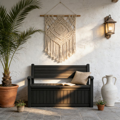 80 Gallon Outdoor Storage Bench With Backrest, Wood-grain Resin, 2-person