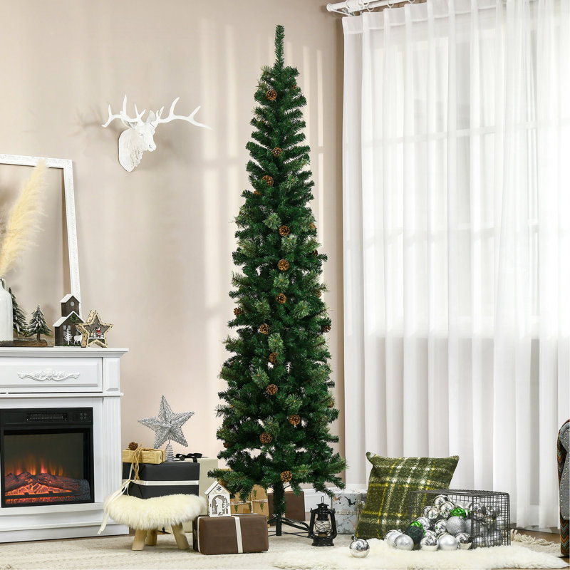 Arbre de Noël artificiel 7,5 pi, aiguilles de pin fines avec branches réalistes, pommes de pin, base en métal, vert
