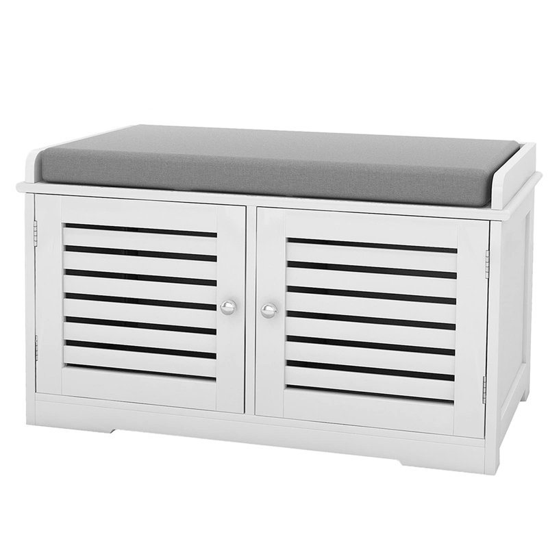 Orth Shoes Storage Bench with 2 Door Cabinet, Shoe Bench with Cushion, Gray/White