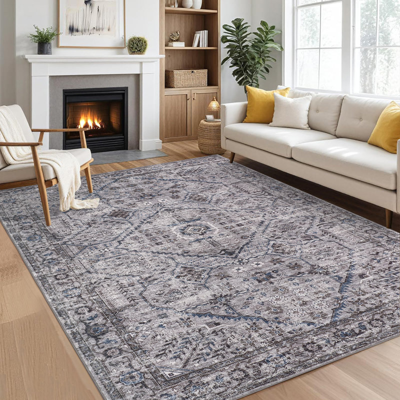 Machine Washable Rug Non-Shedding Rug for Living Room Low Pile Throw Rug Indoor Carpet Ultra-Thin Floor Cover for Bedroom Dining Room Office Playroom