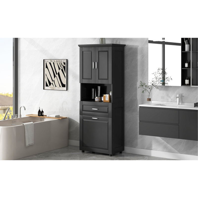 Armoire de salle de bain polyvalente avec panier à linge et rangement spacieux, un ajout pratique et élégant à toute salle de bain.
