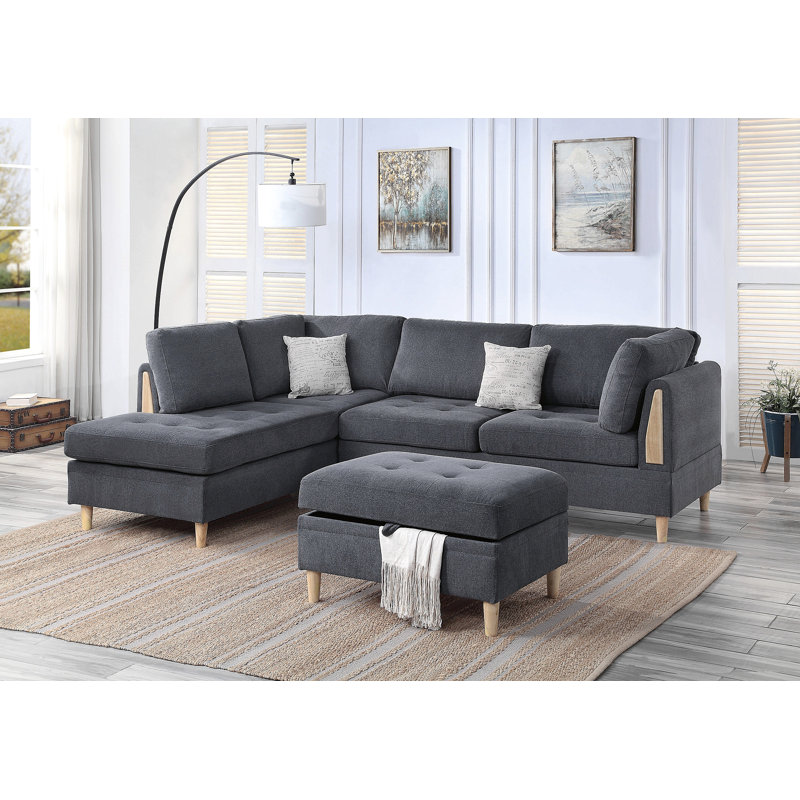 Ensemble de canapé modulaire réversible 3 pièces avec canapé et méridienne réversible, Gris anthracite