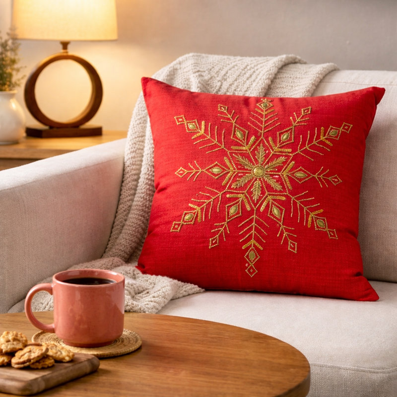 Coussin décoratif | Coussin brodé en forme de flocon de neige | 18 x 18 po