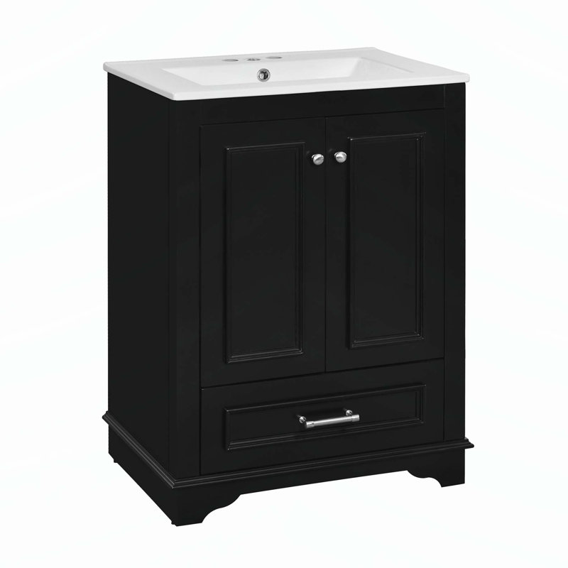 Meuble-lavabo autoportant moderne avec lavabo en céramique et beaucoup de rangement, Noir