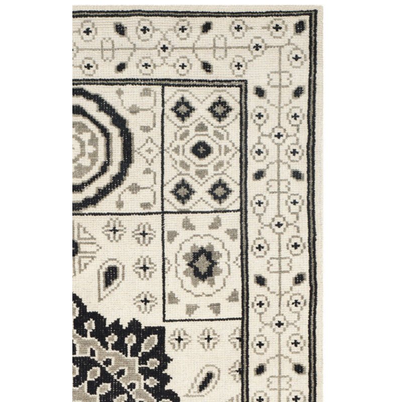Tapis ivoire / gris en laine / coton noué à la main Chrystal, Rectangle 3 pi x 5 pi