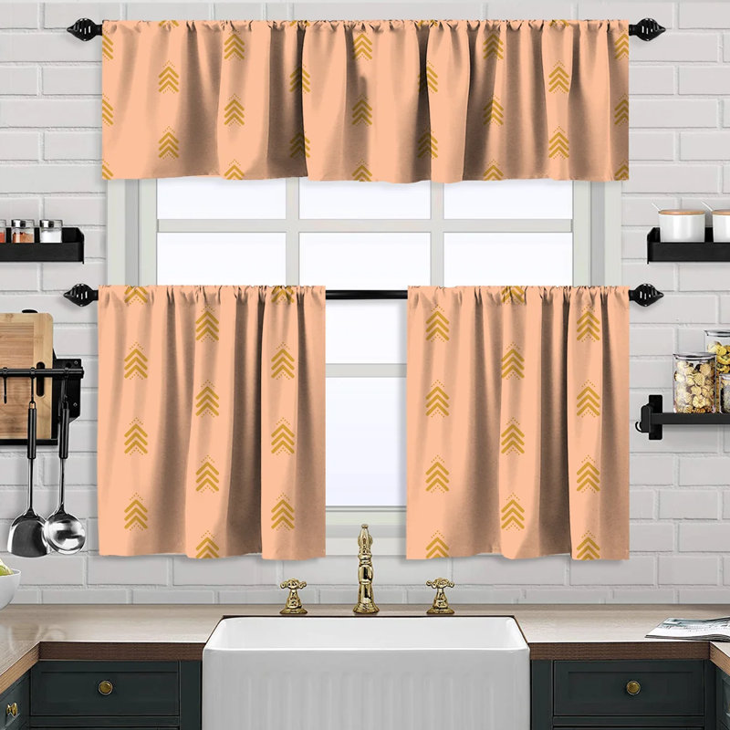 Boho Design Kitchen Valance and 2 Tiers Curtain, African Mud, Valances Tiers Cafe Curtains, Ecru, 24" W x 30" L