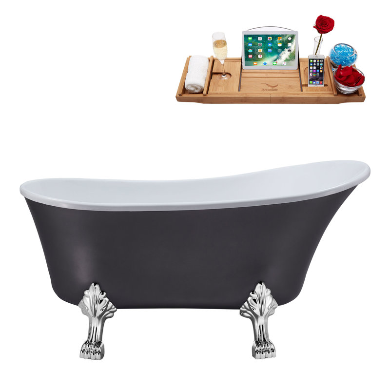 55" Streamline Clawfoot Soaking Acrylic Bathtub With Drain, Clawfeet, and Bamboo Tray, Polished Chrome, Matte Pink