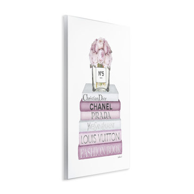 Pink Rose Bouquet And Fashion Designer Bookstack by Amanda Greenwood - Graphic Art Print on Wood