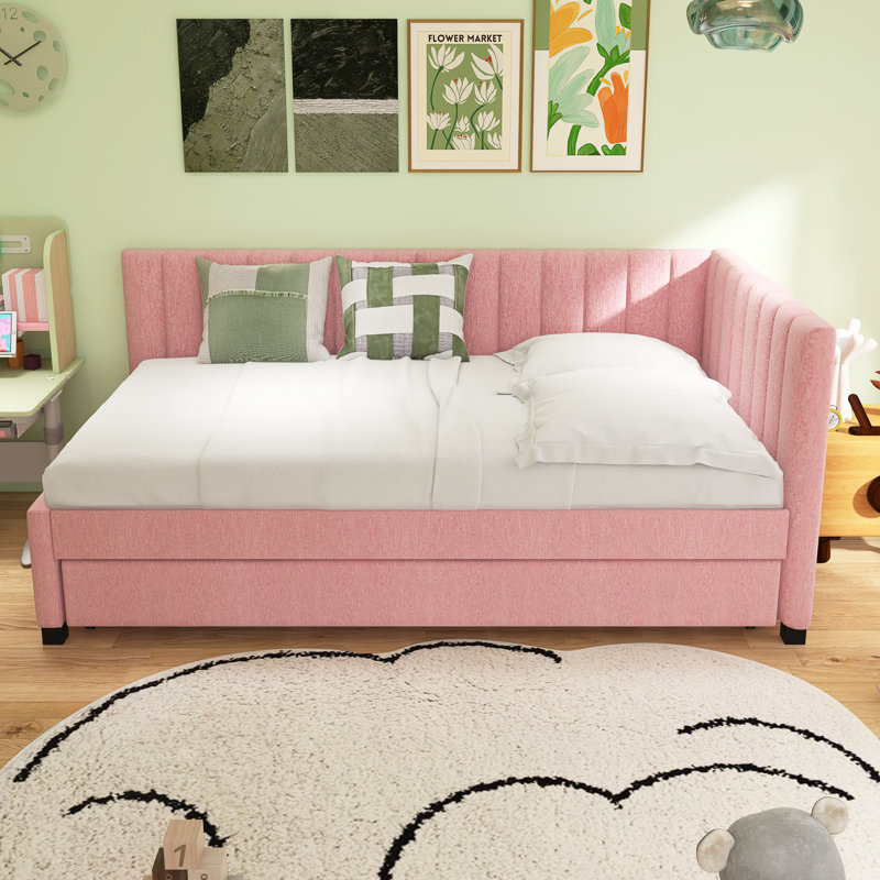 Upholstered Daybed With Trundle Sofa Bed Frame, Twin, Pink