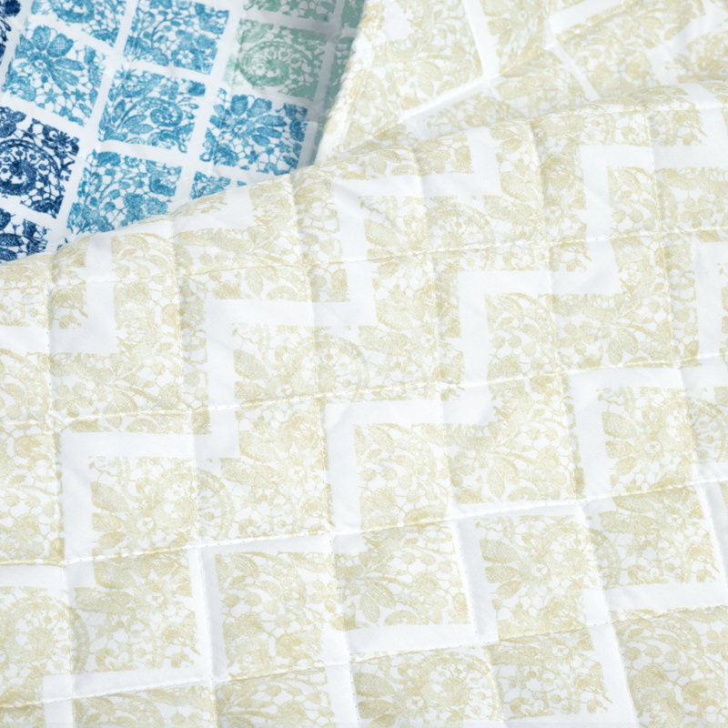 Ensemble de courtepointe réversible en microfibre jaune / gris 3 pièces Medallion, Bleu, Très grand
