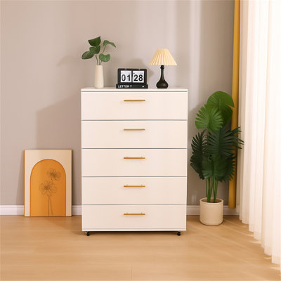 Commode blanche à 5 tiroirs avec poignées - Armoire de rangement moderne (inclut la commode seulement et non le miroir)