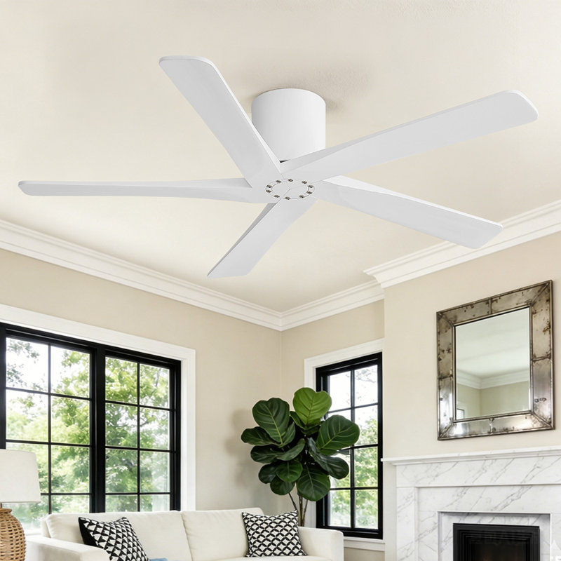 54'' Flush Mount Ceiling Fan 6-Speed 5 Carved Wood Blades Reversible DC Motor Low Profile, satin white finish , White, 54" W