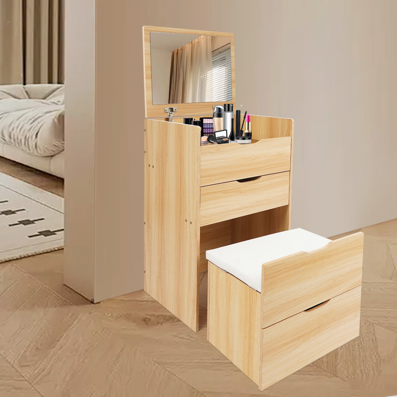 Makeup Vanity Table Set Vanity Desk Bedside Table Storage Cabinet With Mirror, 3 Drawers, Stool, Log